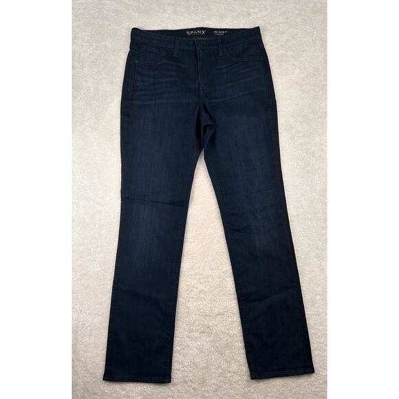 Spanx Denim Jeans Womens Slim-X Straight Sz 31x32 Dark Wash Stretch Mid-Rise - Picture 1 of 8
